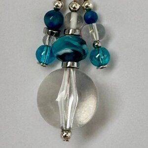 Necklace handmade 3 tier dangle silver turquoise clear crystal beads OOAK